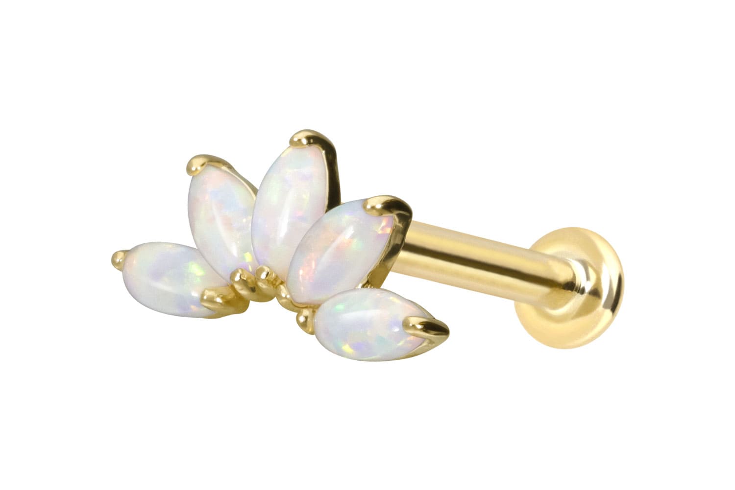14 Karat Gold Labret Piercing mit Innengewinde LOTUSBLÜTE + SYNTHETISCHE OPALE